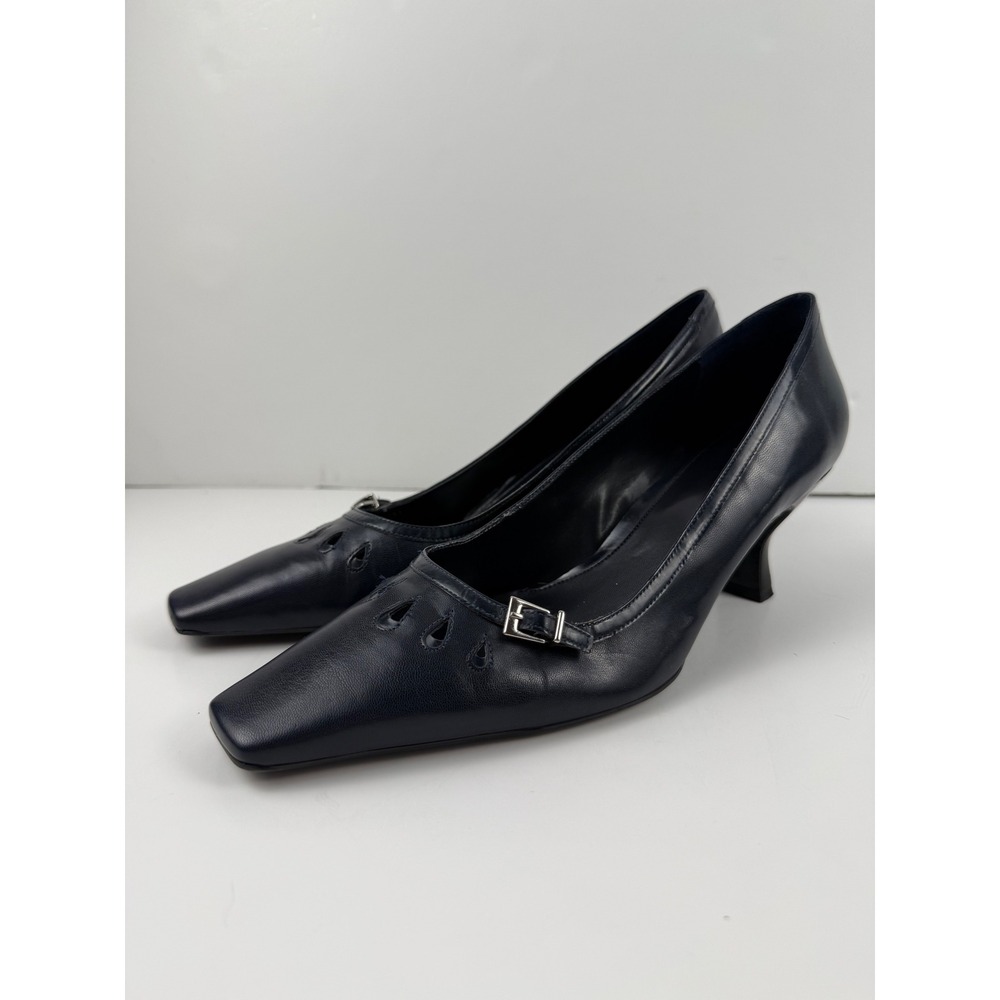 Michelle D Navy Blue Leather Square Toe Kitten Heel Pumps Buckle Detail Size 10M